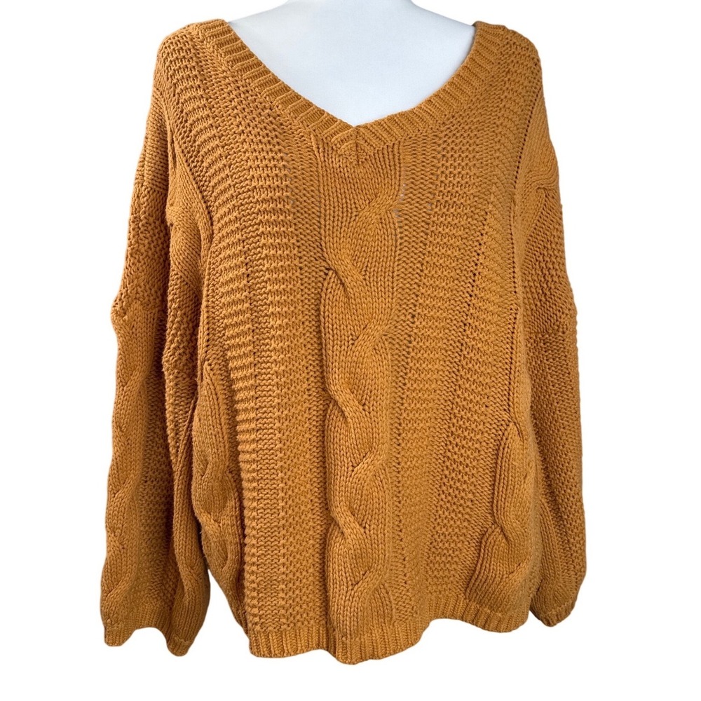 Mustard Orange Chunky Cable Knit V-Neck Oversized Sweater Womens‎ Relaxed Fit - Picture 2 of 12